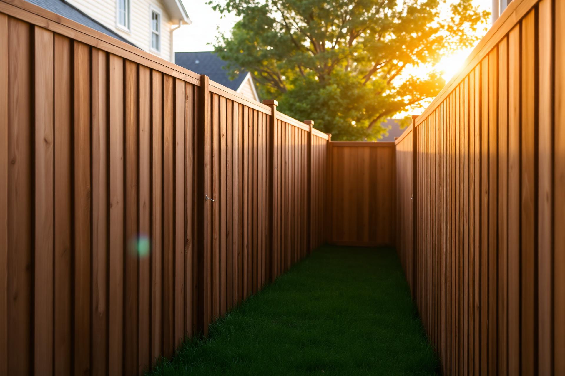 Tall wooden privacy fence at golden hour